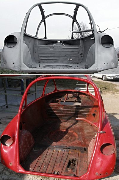 Veterán Heinkel Bubble Car pred a po opieskovaní